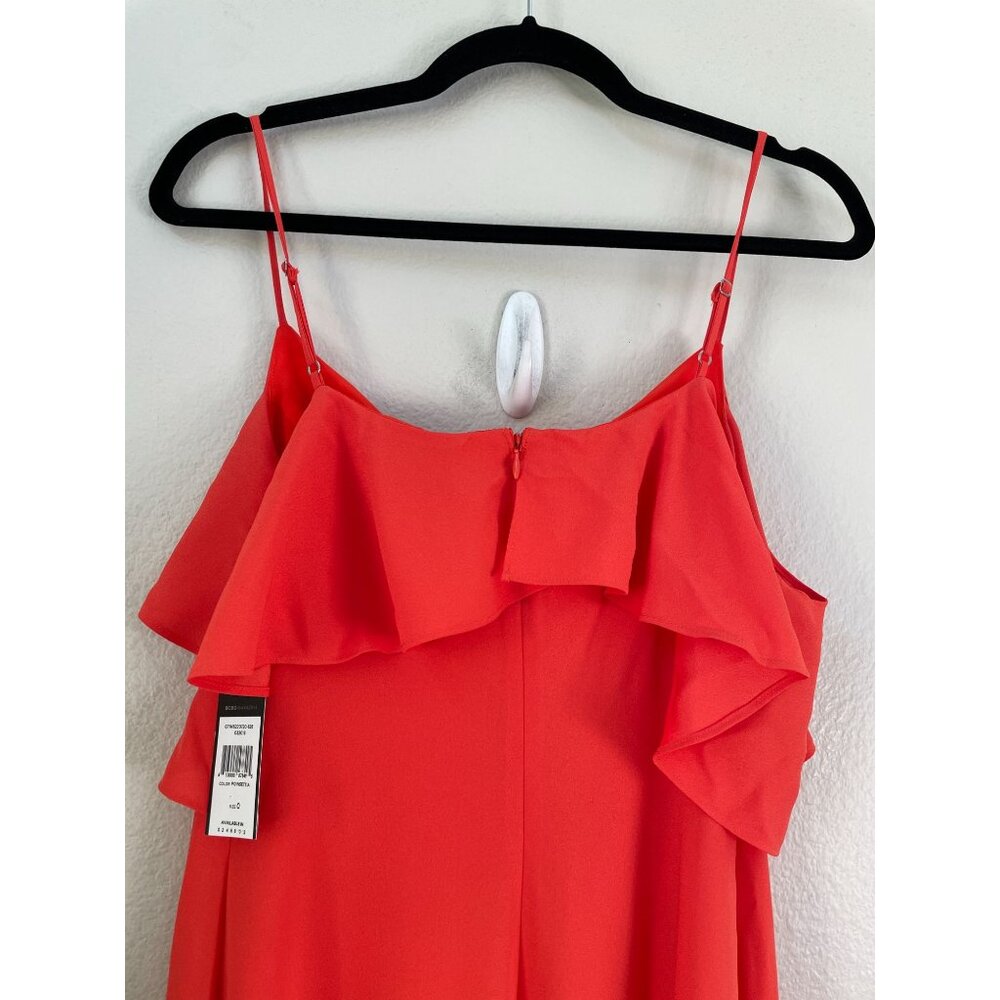 NEW BCBGMaxAzria Womens 0‎ Red Orange Spaghetti Strap Asymmetrical Ruffle Dress - Picture 10 of 11